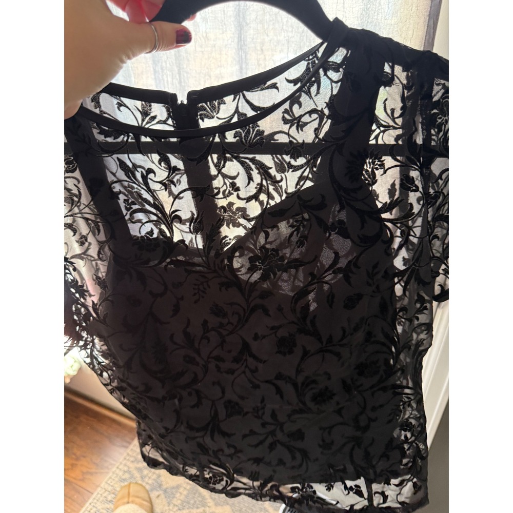 Talbots Petites Black Burnout Velvet Floral Sheer Blouse Top Size 8P Whimsigoth